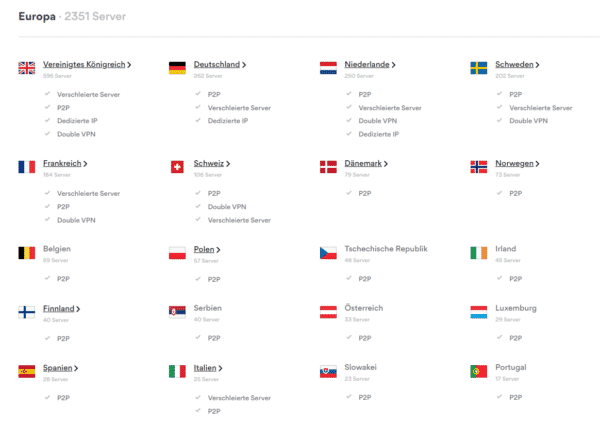 Ausschnitt der Standorte von NordVPN